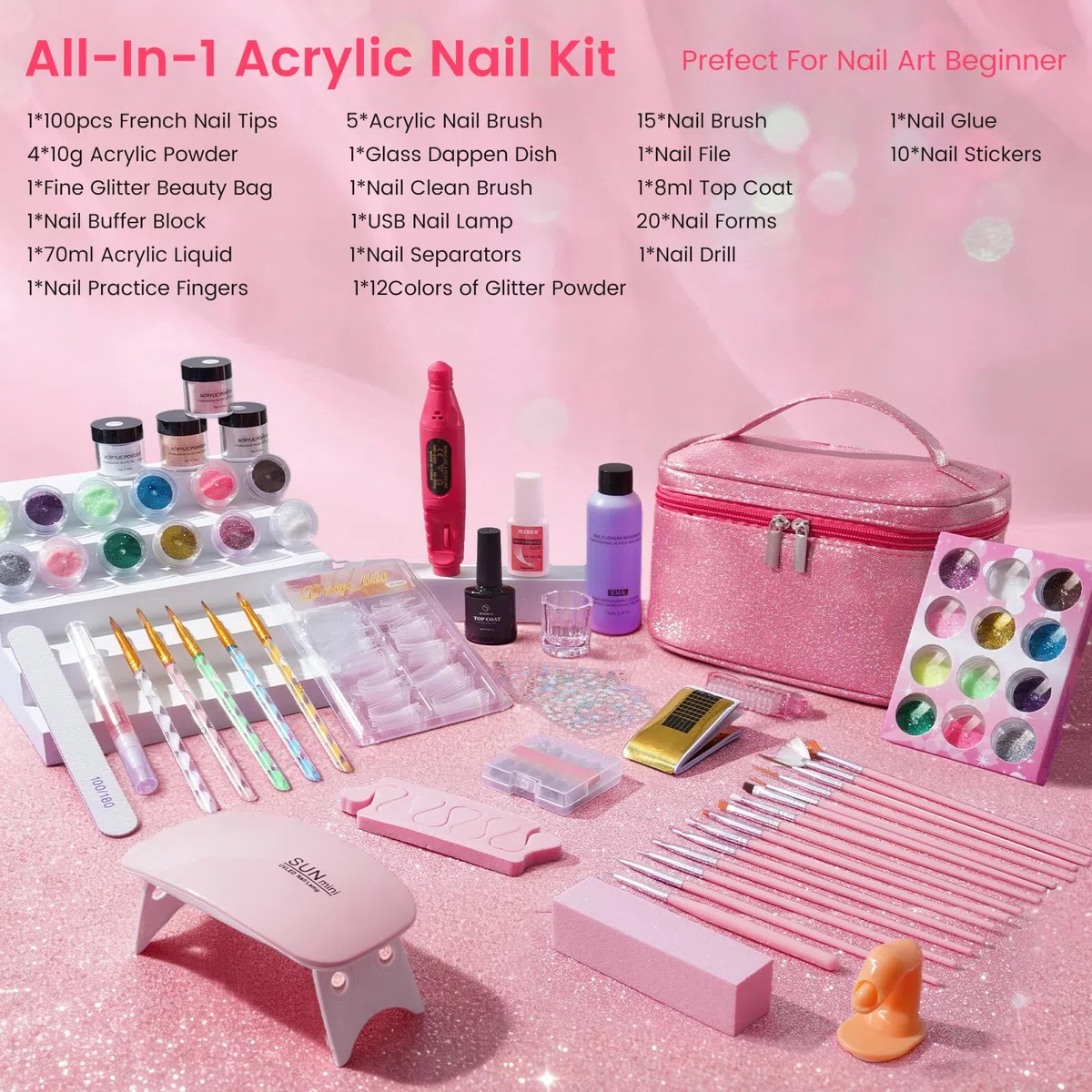 Acryl Nagelset Starterset für Anfänger: 4 Farben Acrylpulver für Nägel mit Übungsfinger Lampe Nagelfräser - Acryl Pulver Nails Selber Machen Nagelstudio Set in Glitter Tasche für Salon (Rose Rot)