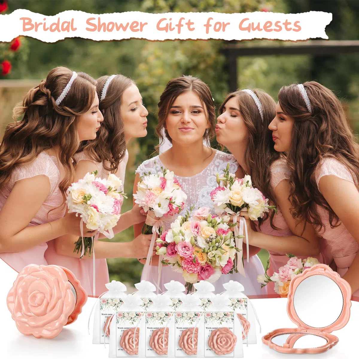 FoldTier 30 Sets Brautparty-Gastgeschenke für Gäste, kleine Rose, Kompaktspiegel, Großpackung, Hochzeitsgeschenke, Dankeskarten und Organza-Beutel, Hochzeitsfeier, Gäste, Souvenir, Geschenk (rosa