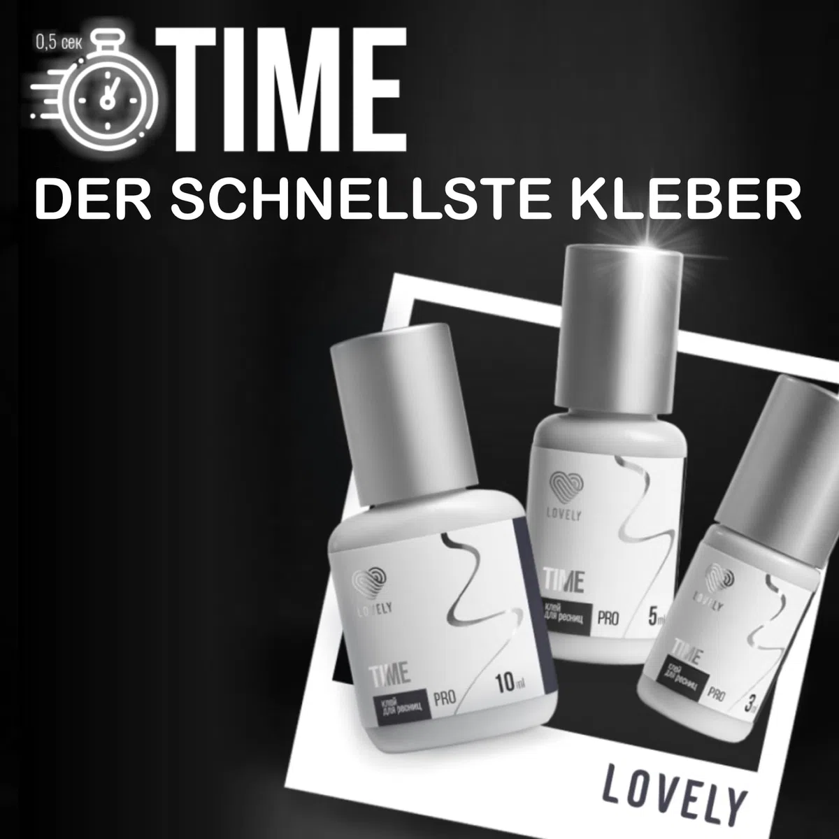 LOVELY Wimpernkleber TIME - schneller Kleber, Trocknungszeit 0,5 Sek. bis zu 8 Wochen Halt, Hypoallergen - Wimpernkleber für Wimpernverlängerung geeignet für Studios & Fremdanwendung - 5ml Schwarz