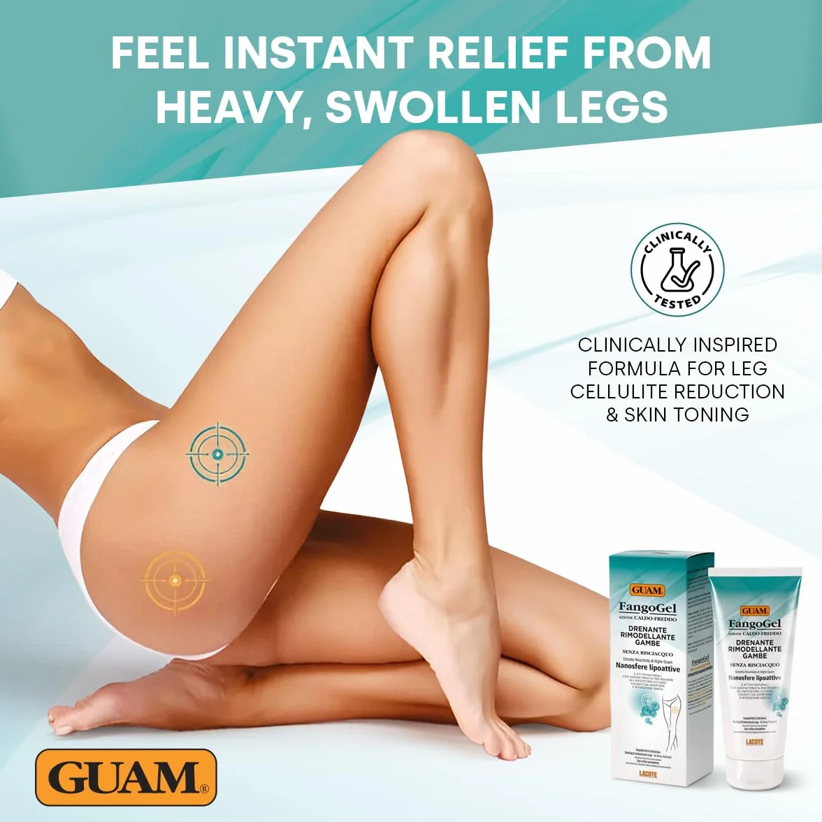 Guam, FangoGel Drainierende Modellierung für Beine, Wärmekälte-Wirkung, ohne Ausspülen, Reduziert Hautunebenheiten durch Schwellungen und Wasseransammlungen, Made in Italy, 200 ml Packung