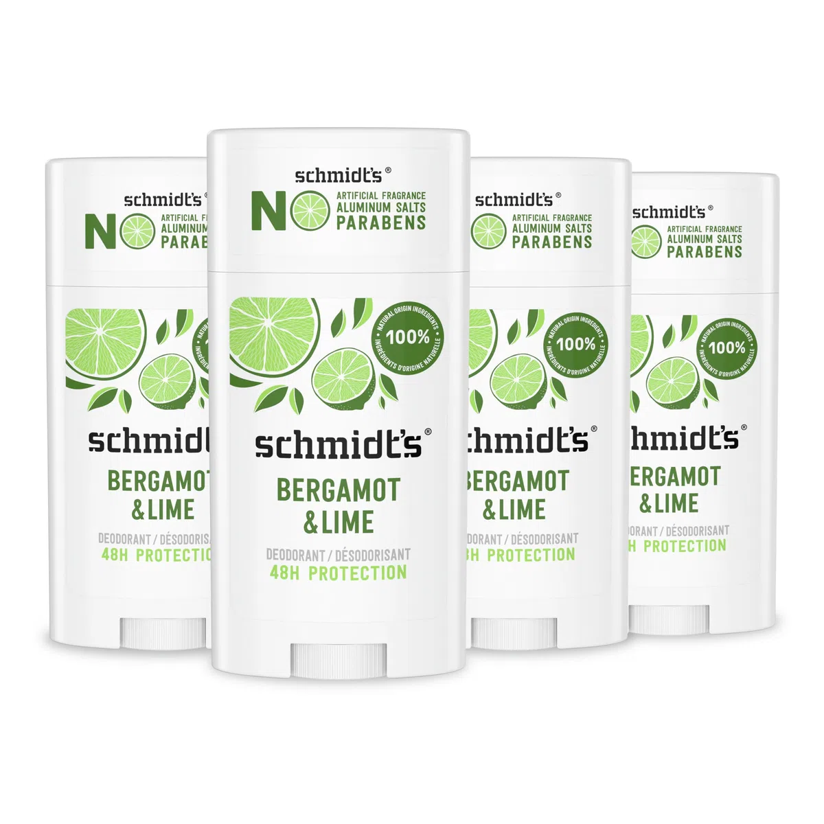 Schmidt's Aluminum Free Natural Deodorant For Women and Men, Bergamot & Lime with 24 Hour Odor Protection, Certified Cruelty Free, Vegan Deodorant, 2.65oz 4-pk
