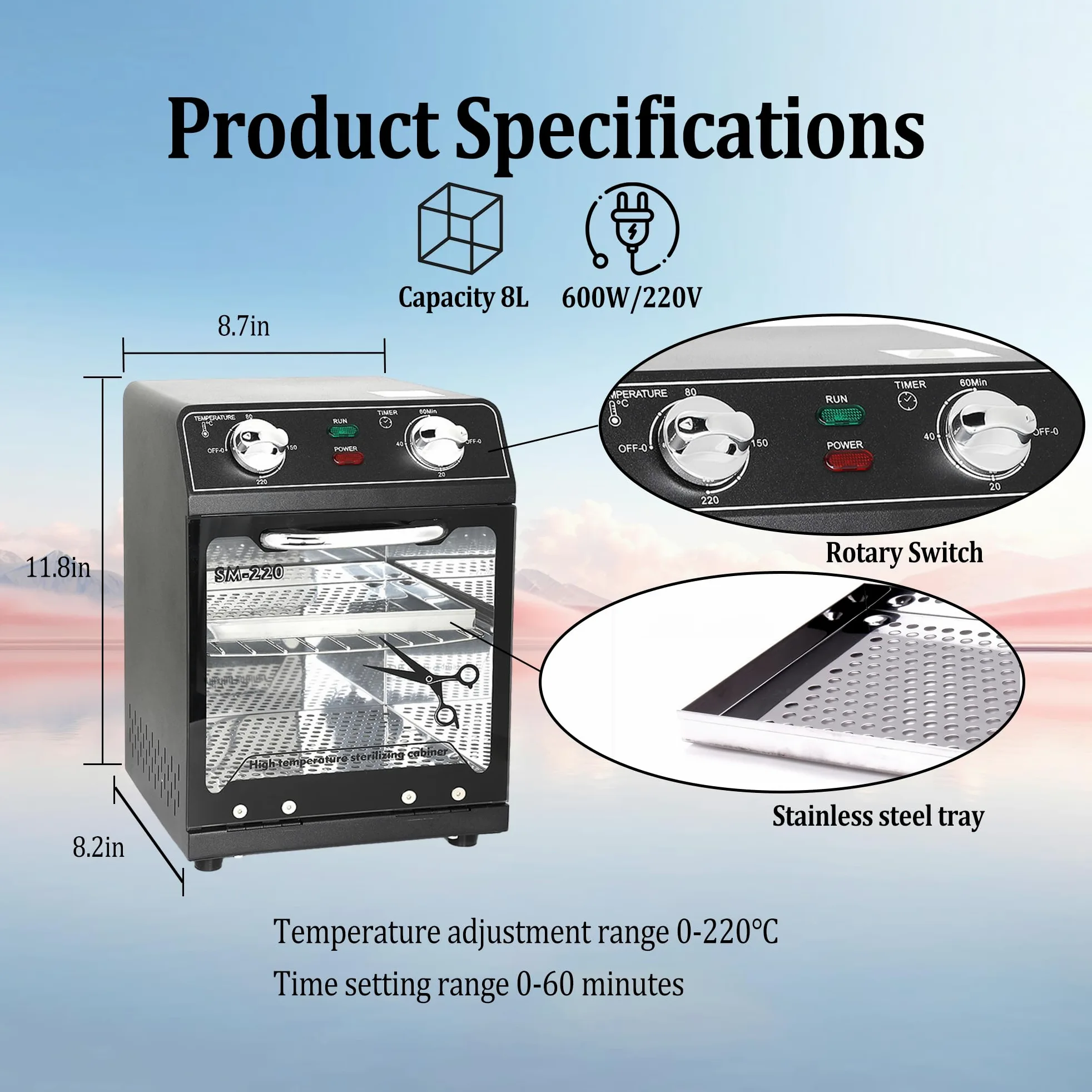 Hochtemperatur-Sterilisator, max. 220°C, mit Temperaturregelung und Timer, für Friseursalon, Spa, Nagelstudio, Werkzeugsterilisator