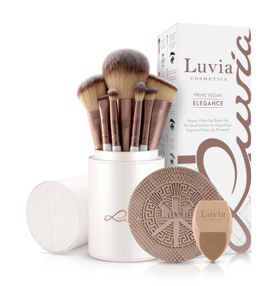 Luvia Make-up Pinselset 15-teilig vegan Profi Schminkpinsel inkl. Blender Reinigungsmatte Leder-Köcher Coffee Perlmutt