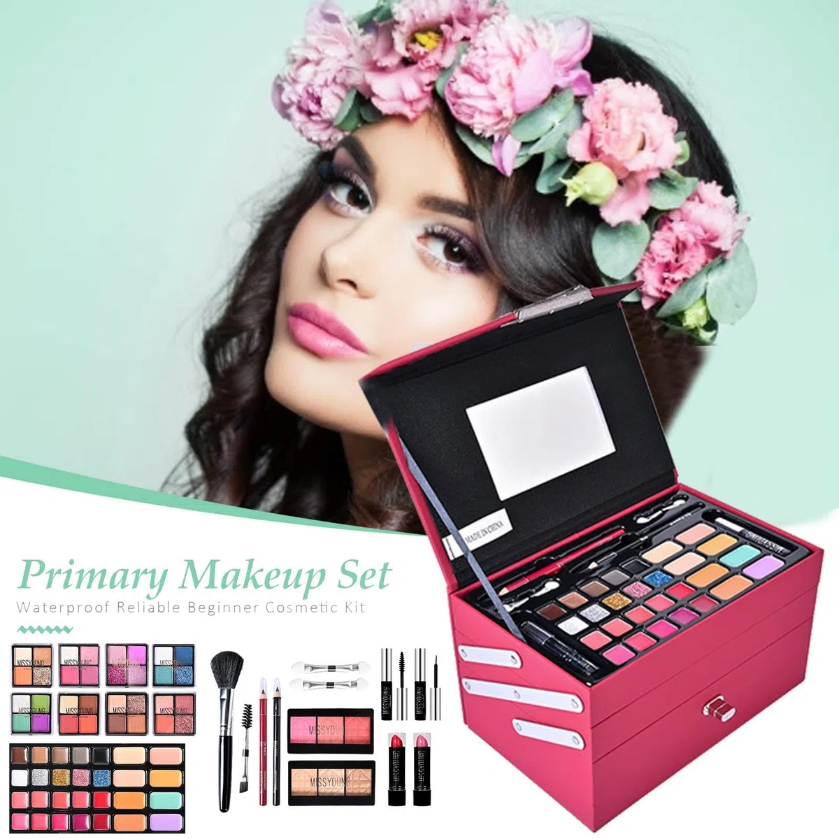 Kleines Make-up-Set | Make-up-Sammelsets | Make-up-Starter-Kit mit Zug im | Lieferumfang enthalten, komplettes Make-up-Set, Lidschatten-Palette, Rouge, Bronzer, Highlighter, Lippenstift, Pinsel, Glas,