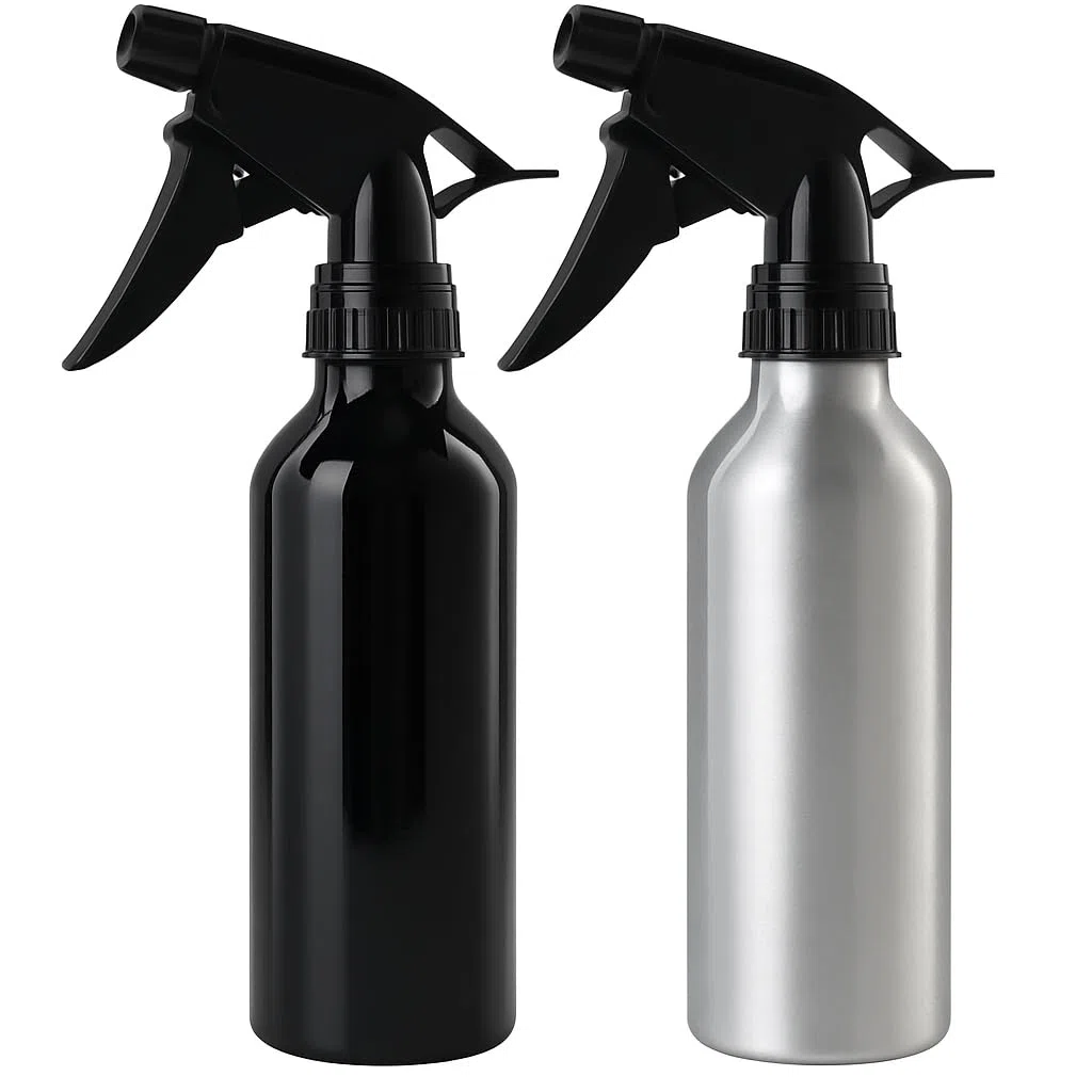 2er Set Sprühflaschen Aluminium 200 ml Nachfüllbar Zerstäuber Pumpsprüher Schwarz Silber BPA-frei