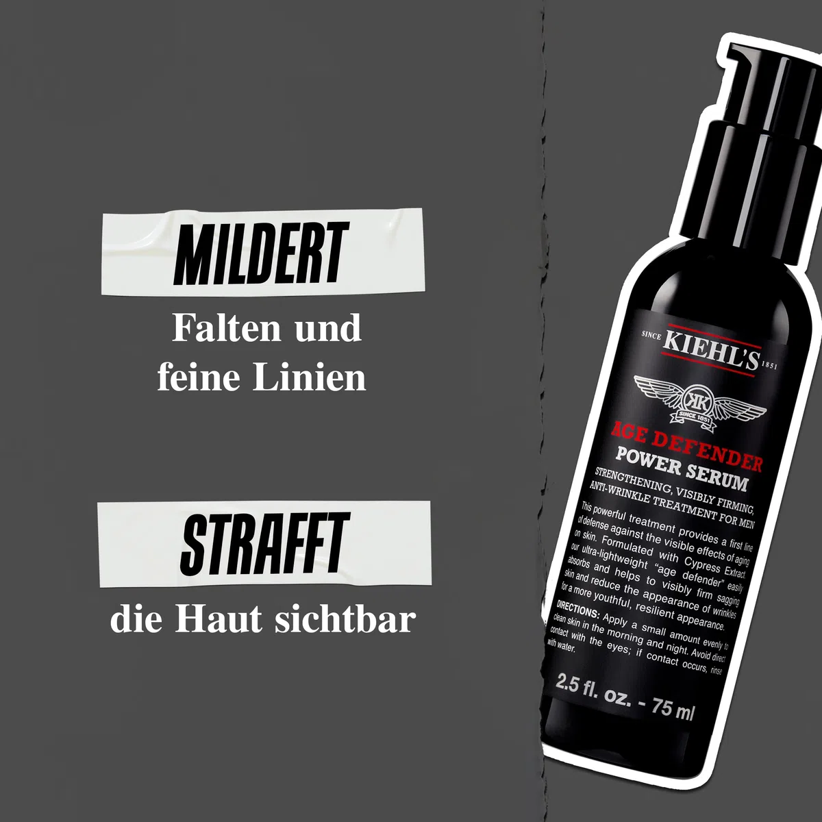 KIEHL'S Age Defender Power Serum, 75 ml, kräftigendes Anti-Aging-Serum für reife Männer-Haut, festigendes und Falten milderndes Pflegekonzentrat mit Zypressen-Extrakt, für alle Hauttypen geeignet | Herren Gesichtsserum für feine Linien - Mit Zypressen-Ext