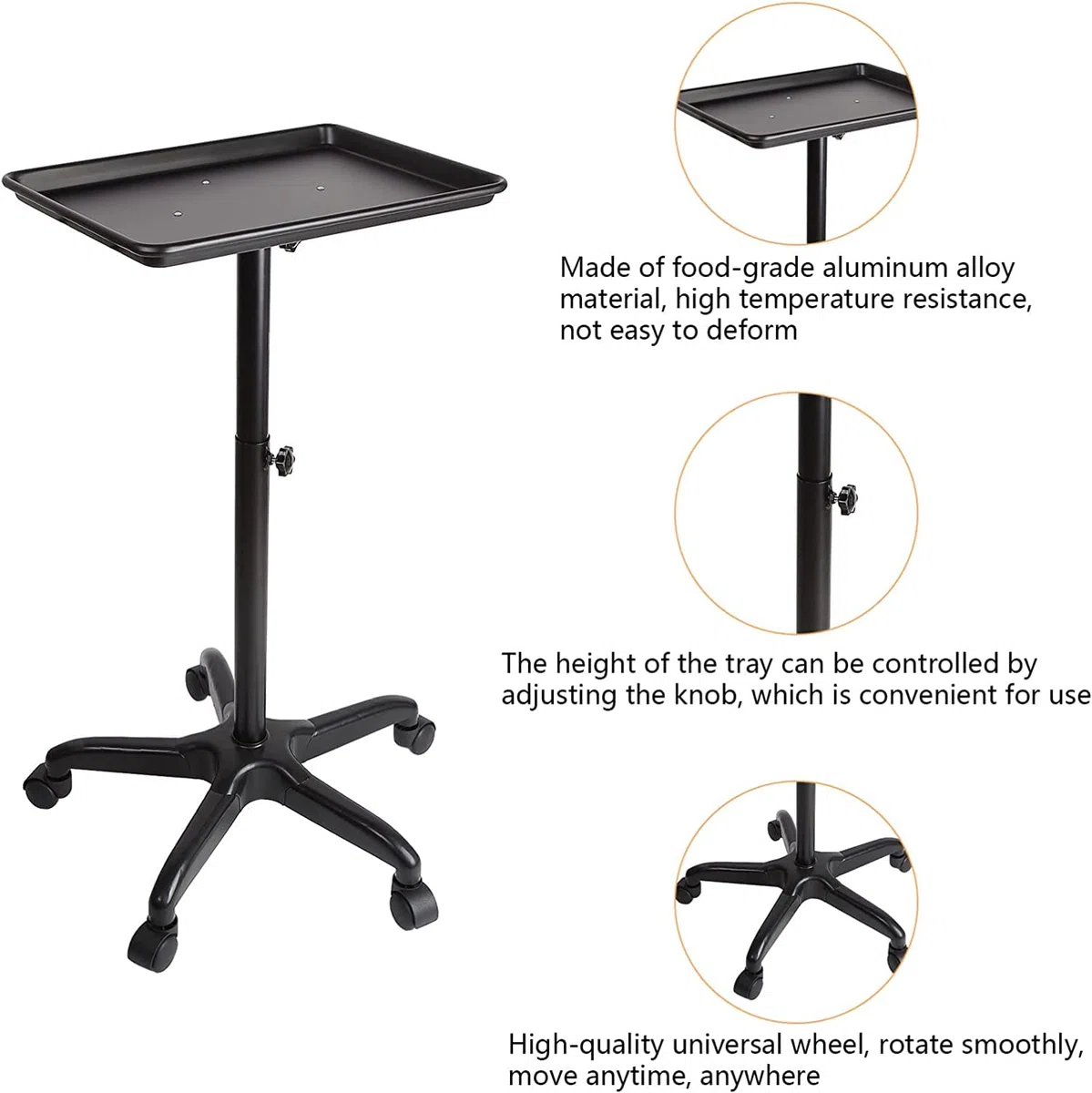 Salon Tablett mit Rädern Aluminiumwagen Beauty Trolley Einstellbare Höhe 360 Grad Schwenkräder für Dental Carts Friseur Cart Schwarz