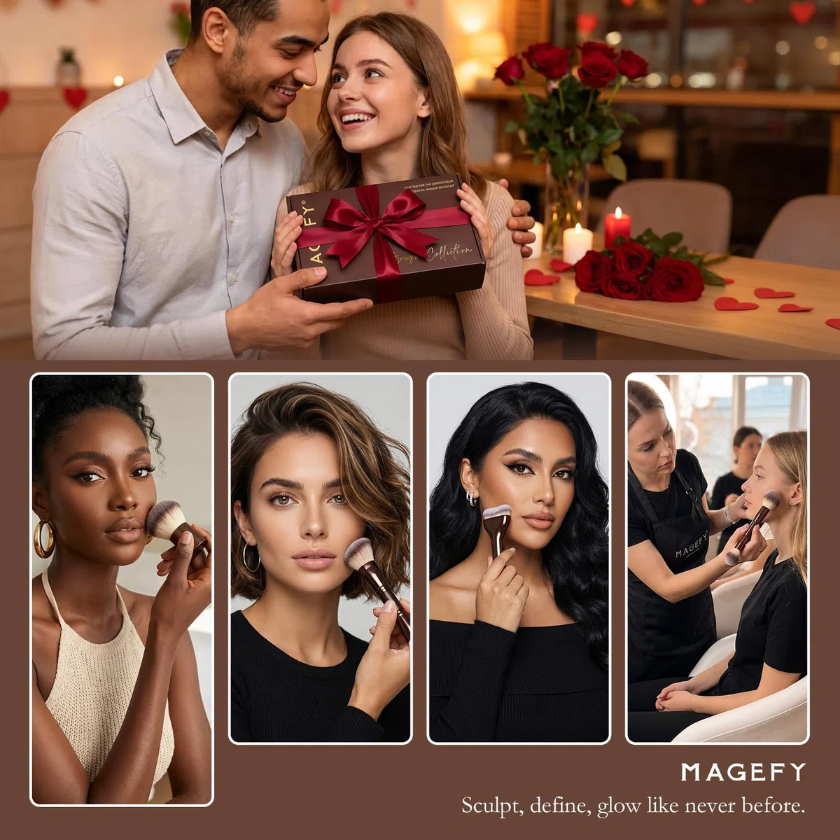 MAGEFY Make-up Pinsel 26-in-20 Professionelles Makeup Pinselset Doppelseitige Make-up-Pinsel für Puder, Concealer, Lidschatten, Rouge und Konturierung sowie Foundation Pinsel mit Etui - Kaffeegold