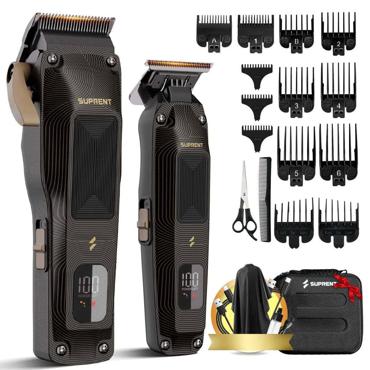 SUPRENT Professionelle Haarschneider Herren, Kabelloser Friseursatz mit 6500 U/min Motor, Spaltlos Einstellbare Klingen, Schwarze Code-Aufsteckkämme & Tasche