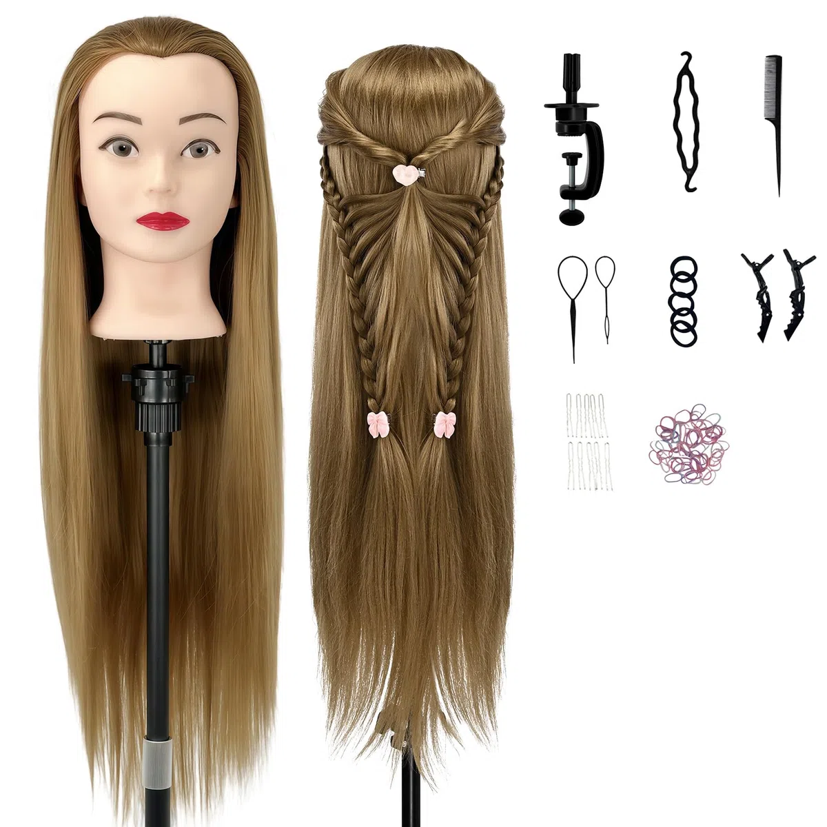 Trainingskopf 28 Zoll Hochtemperaturfaser Haar für Friseure DIY Frisuren Set Gold