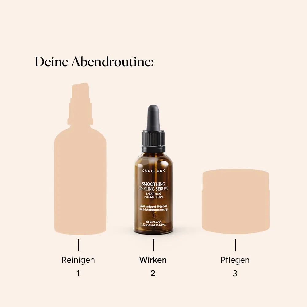JUNGLÜCK Smoothing Peeling Serum – AHA 6,5%, BHA 2% & PHA 1,5% Gesichtspeeling mit 3-fach Säure-Komplex, für verfeinerte Poren & glatte, strahlende Haut, gegen Mitesser & Unreinheiten, 30ml