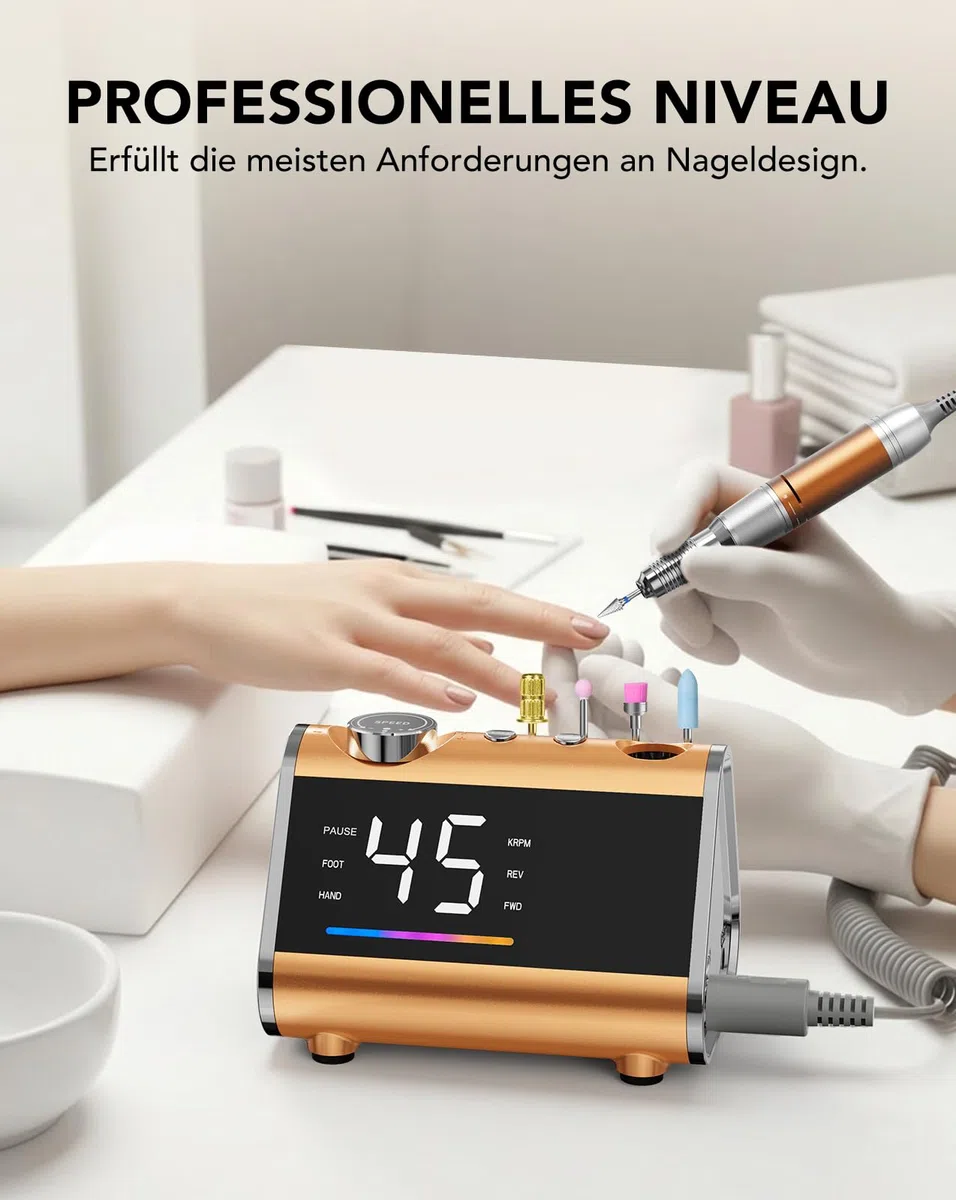 HOMEASY Nagelfräser 45.000 U/min LCD Fußpedal Netzbetrieb Orange | LCD Anzeige mit Netzbetrieb und Fußpedal für Acryl- und Gelnägel.