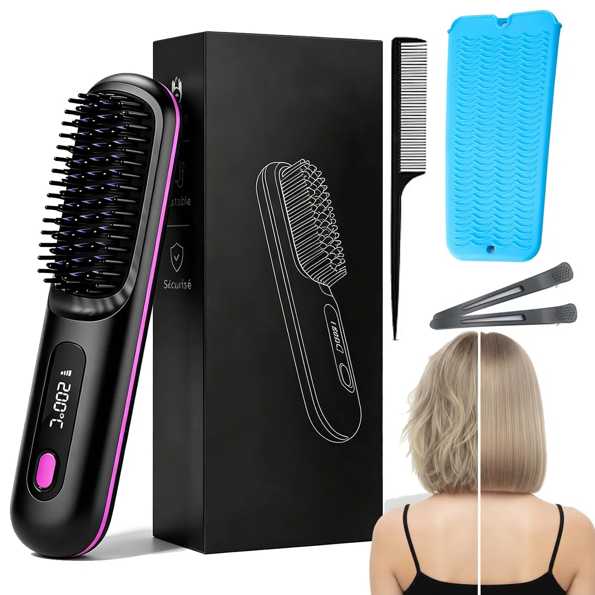 Ciriel - Airbrush Pro Drahtlose StylingbüRste, Iloe Kabellose Volumenbür ste für Kurzes & Feines Haar, 3 Temperaturstufen Negativ-Ionen Nano-Keramik (Schwarz)