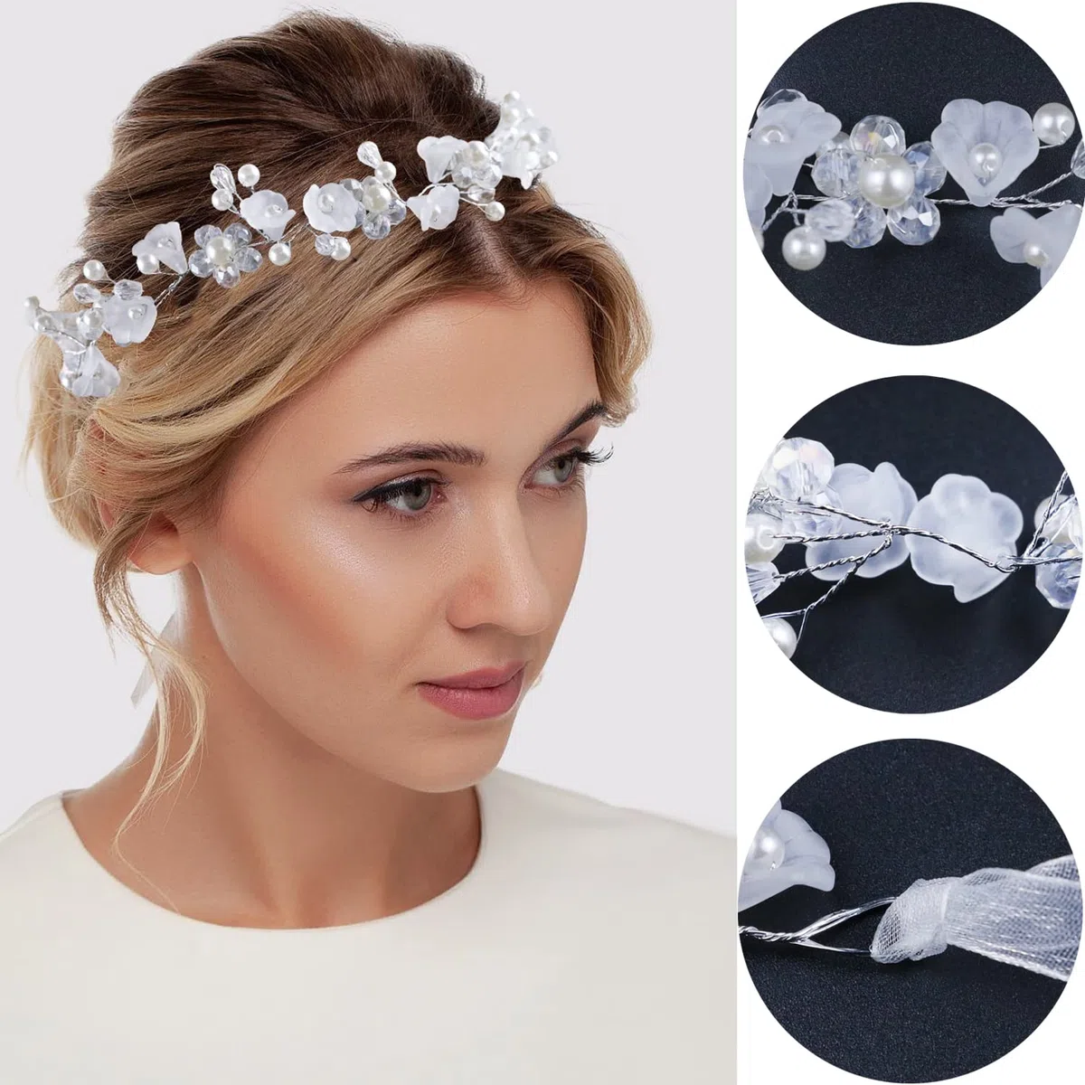 LAPOHI 2 Stück Hochzeit Blume Kopfschmuck für Mädchen, Blume Stirnband Fee Perle Blume Krone für Mädchen Braut Kristall Blume Tiara für Frauen Hochzeit