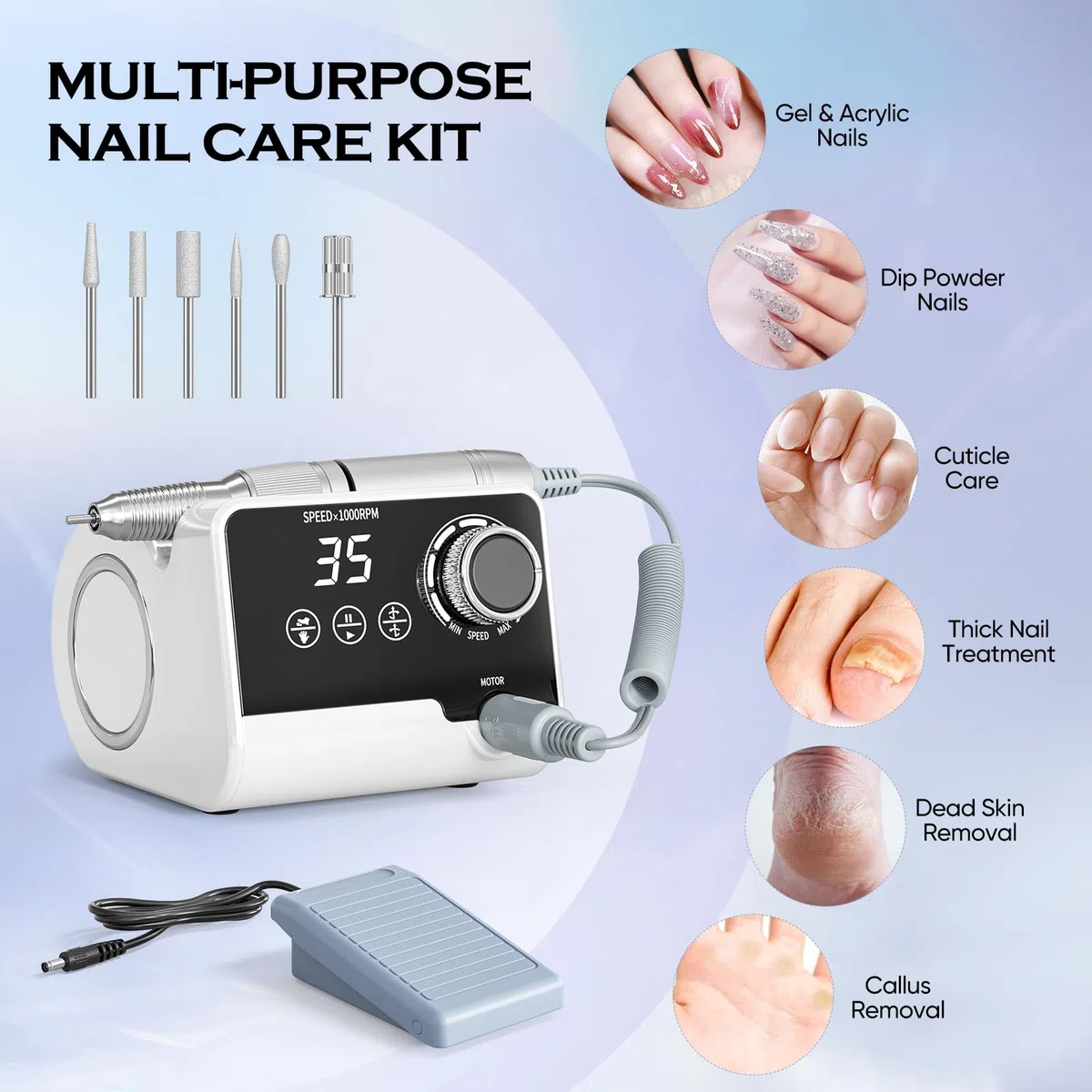 Professionelle Elektrische Nagelfräser, 35000 U/Min Maniküre Pediküre Set mit 6 Fräser, LED Display für Gelnägel und Acrylnägel, für den Heimgebrauch und Nagelstudios (Weiß)