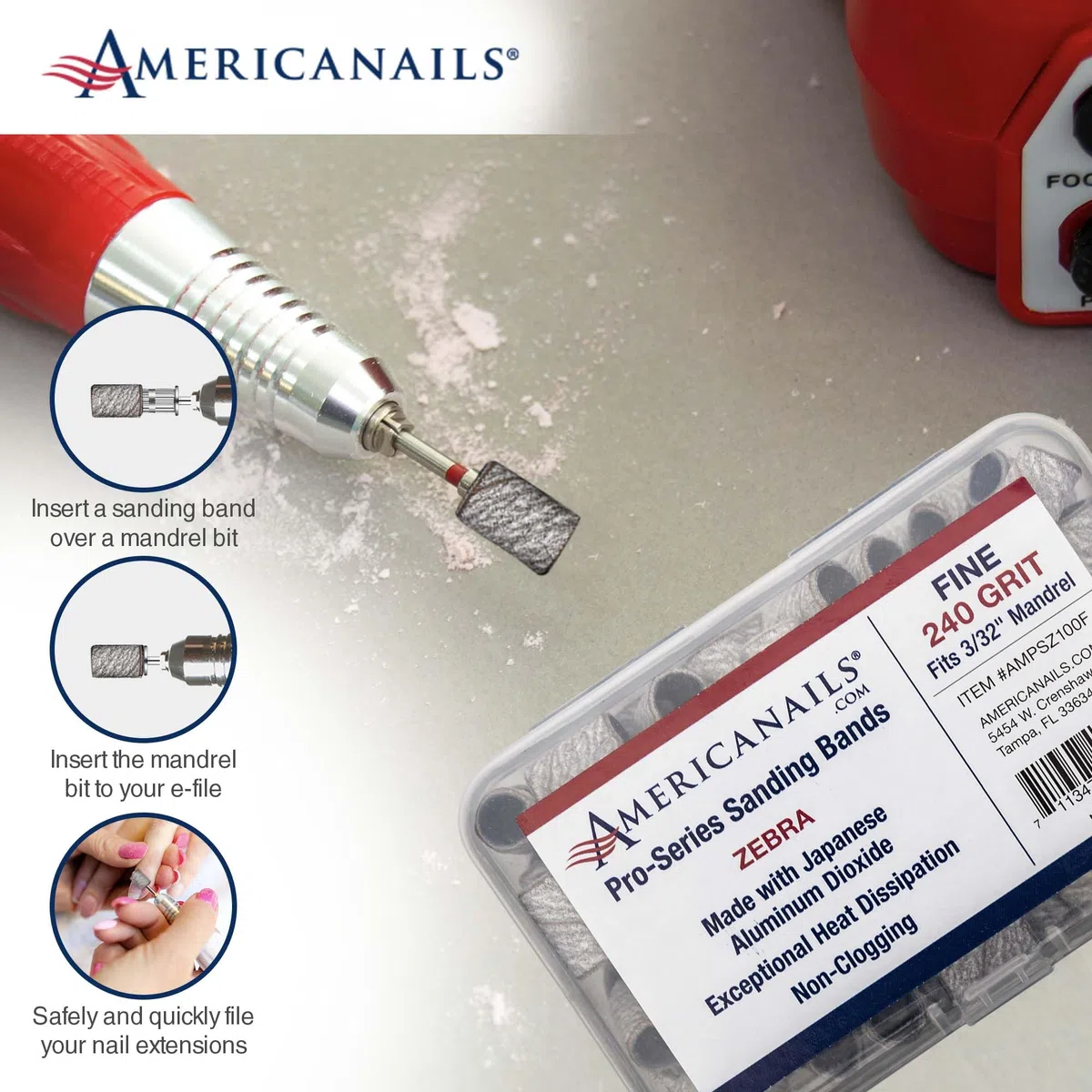 Americanails Pro-Serie Zebra Professionelle Schleifbänder für Acryl-Nagelfeilen-Bohrer, E-File Schleifbohrer-Set, Nagelpolitur und Feilen Werkzeuge – 100 Stück, feine Körnung 240