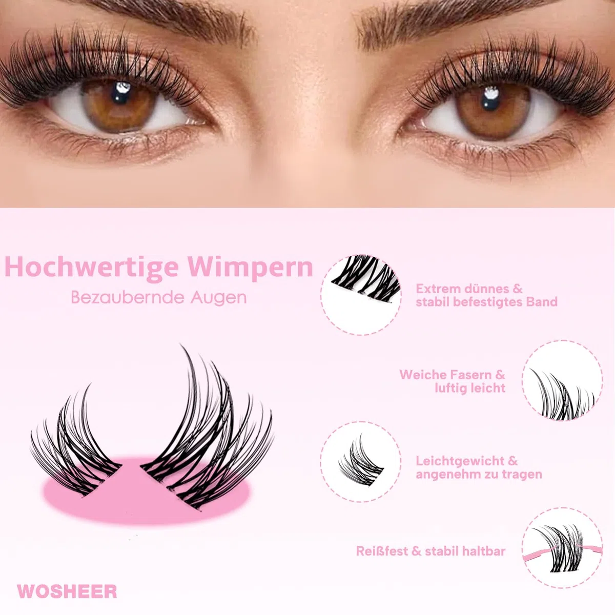 Wimpern Extensions Set, Lash Cluster Set, Wispy Natürliche Wimpern Cluster, D Curvature Diy Künstliche Wimpern with Bond and Seal & Remover (8-16mm, Rougee Set)