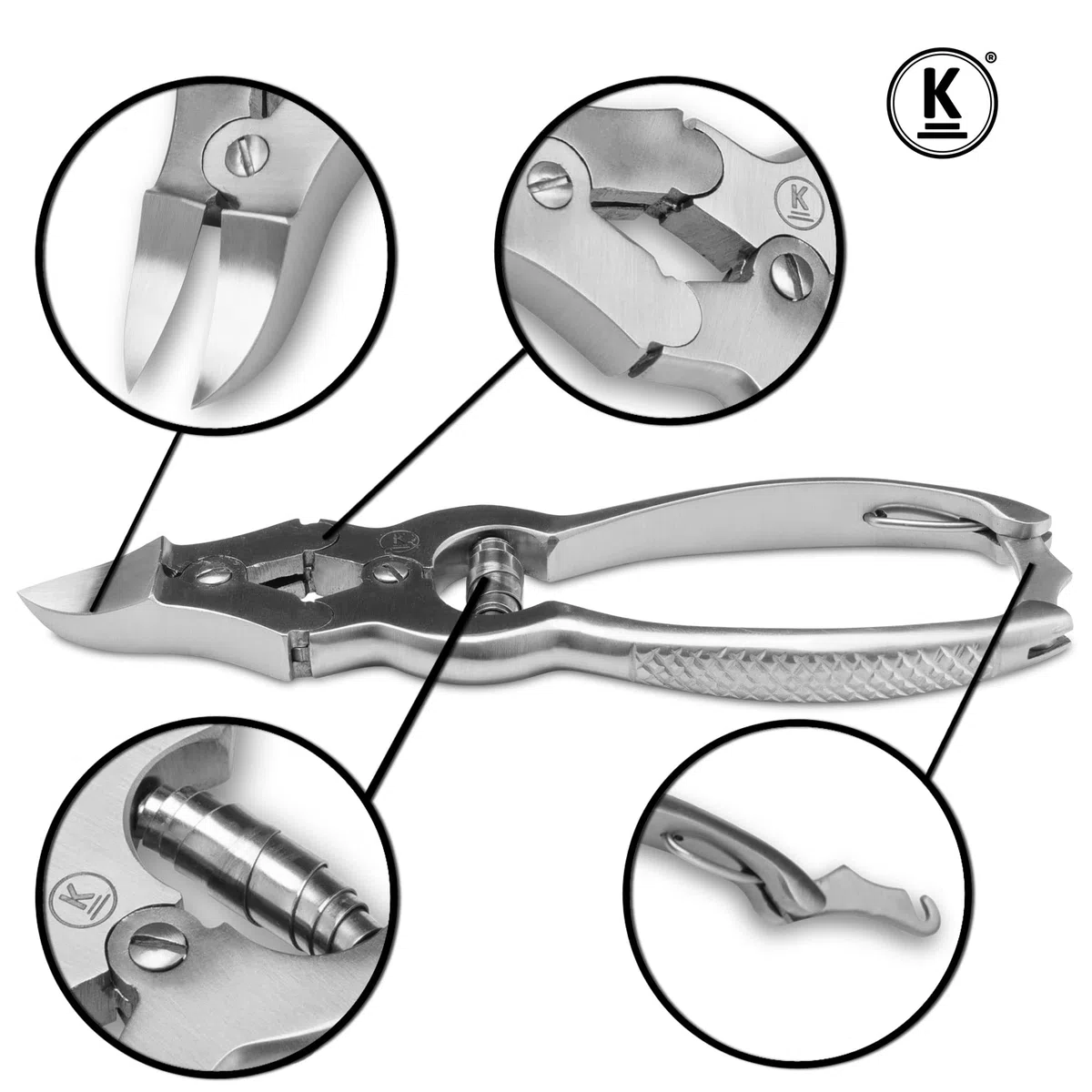 K-Pro Nagelzange für dicke und harte Zehennägel – gebogene Edelstahl Fußnagelzange mit Doppel-Übersetzung & Pufferfeder – 15,5 cm Pediküre Zange für Senioren, Diabetiker, Damen & Herren