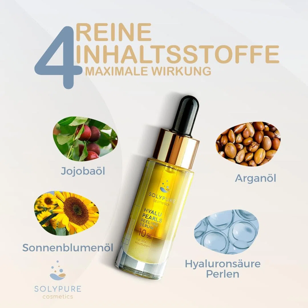 SolyPure HYALU-PEARLS – Hyaluron Serum Gesicht – 10% Hyaluronsäure – Hochdosiert – Feuchtigkeit – Anti-Aging – Peeling-Effekt – mit Arganöl & Jojobaöl – Patentierte Perlentechnologie