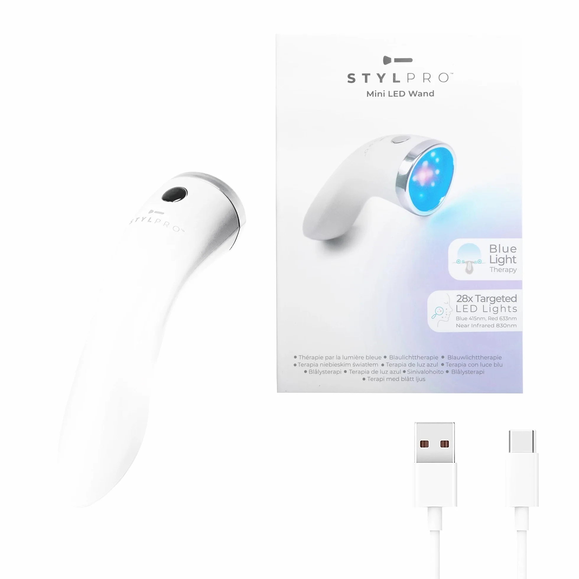 STYLPRO Mini LED Zauberstab Blaue Lichttherapie für Akne und Haut, 3x Modi, 28 LEDs Blau Rot NIR, wiederaufladbar