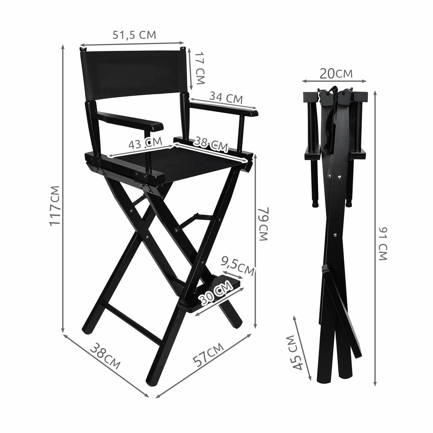 Beautylushh Schminkstuhl Klappbar – Make-Up Stuhl aus Holz – Wasserdichtes 600 Kosmetikstuhl für Visagisten – Schwarz, 140 kg Belastbar