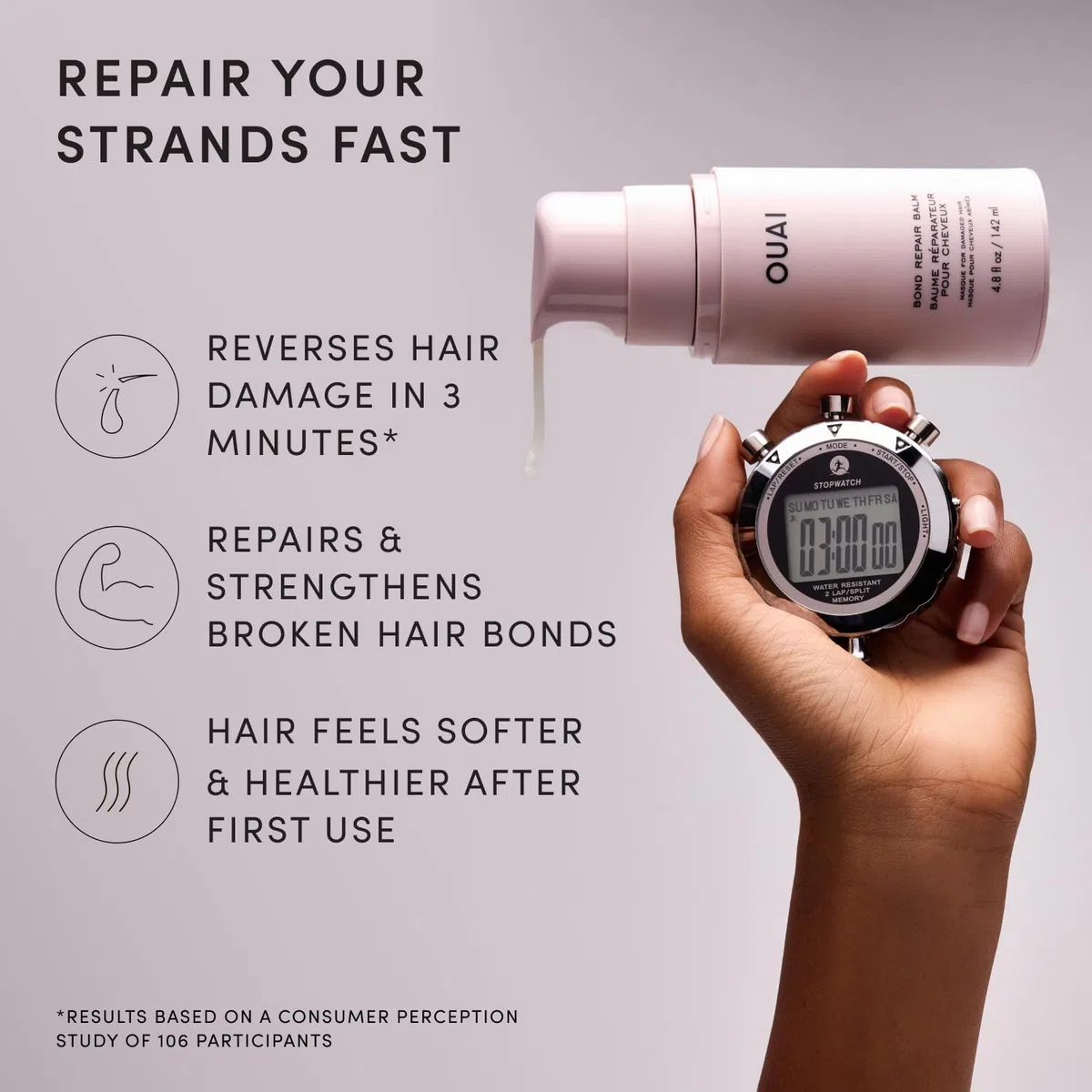 OUAI Bond Repair Balm - Haarreparatur-Treatment für geschädigtes Haar, Spliss + Haarbruch - 3-Minuten Bond Builder für coloriertes Haar - Melrose Place Duft - 142 ml