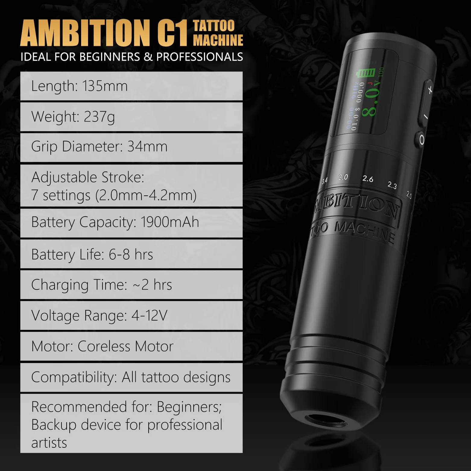 Ambition C1 Tattoo Maschine Set für Anfänger Kabellose Rotary Tätowiermaschine mit 7 Einstellbaren Hublängen, Dual 1900 mAh Akku