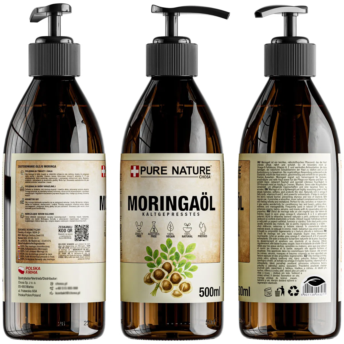 CHOSA Moringaöl 500 ml + Spender | Moringa Öl, Kaltgepresst, Unraffiniert, Veganes Hautpflegeöl, Feuchtigkeits, Pflege für Gesicht, Haut, Haar