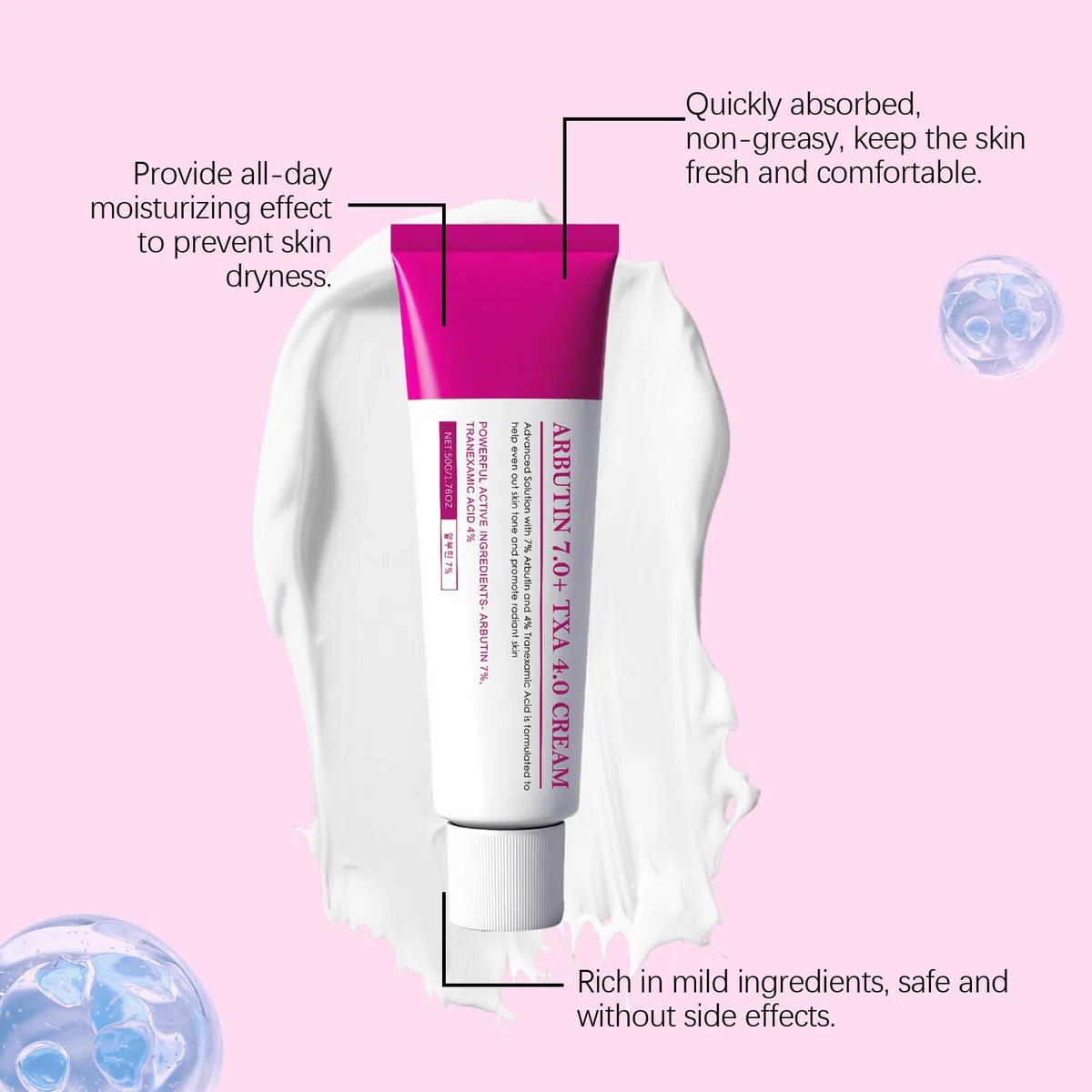 Arbutin 7 % + Tranexamic Acid 4 % Creme mit Niacinamid & Glutathione, Korean Facial Treatment, Lightens Dull Complexion, Evens Complexion Tone, Anti-Pigmentation, Fades Blemishes, Minimizes Freckles