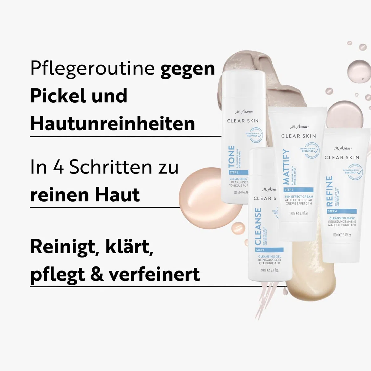 M. Asam CLEAR SKIN Set 4-teilig Anti Pickel Pflege reine Haut Waschgel Toner Maske Creme Porenreiniger Gesichtspflege