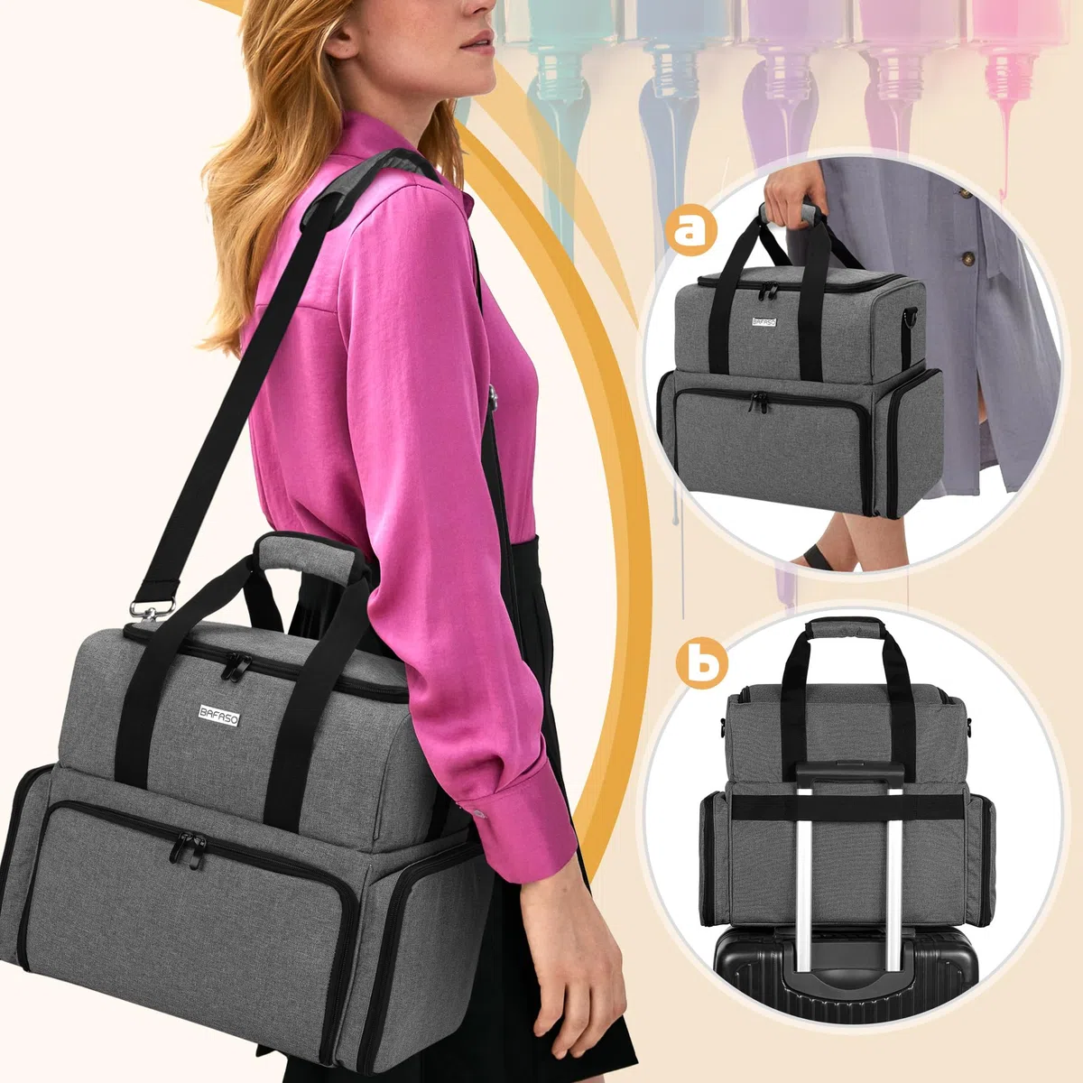 BAFASO Nagellack Aufbewahrung Tasche, Nagellack Tasche Groß Organizer | Kosmetiktasche für 80 Flaschen Nagellack (BIS ZU 15 ML), Nageltrockner und Nagellack Zubehör Set, Grau
