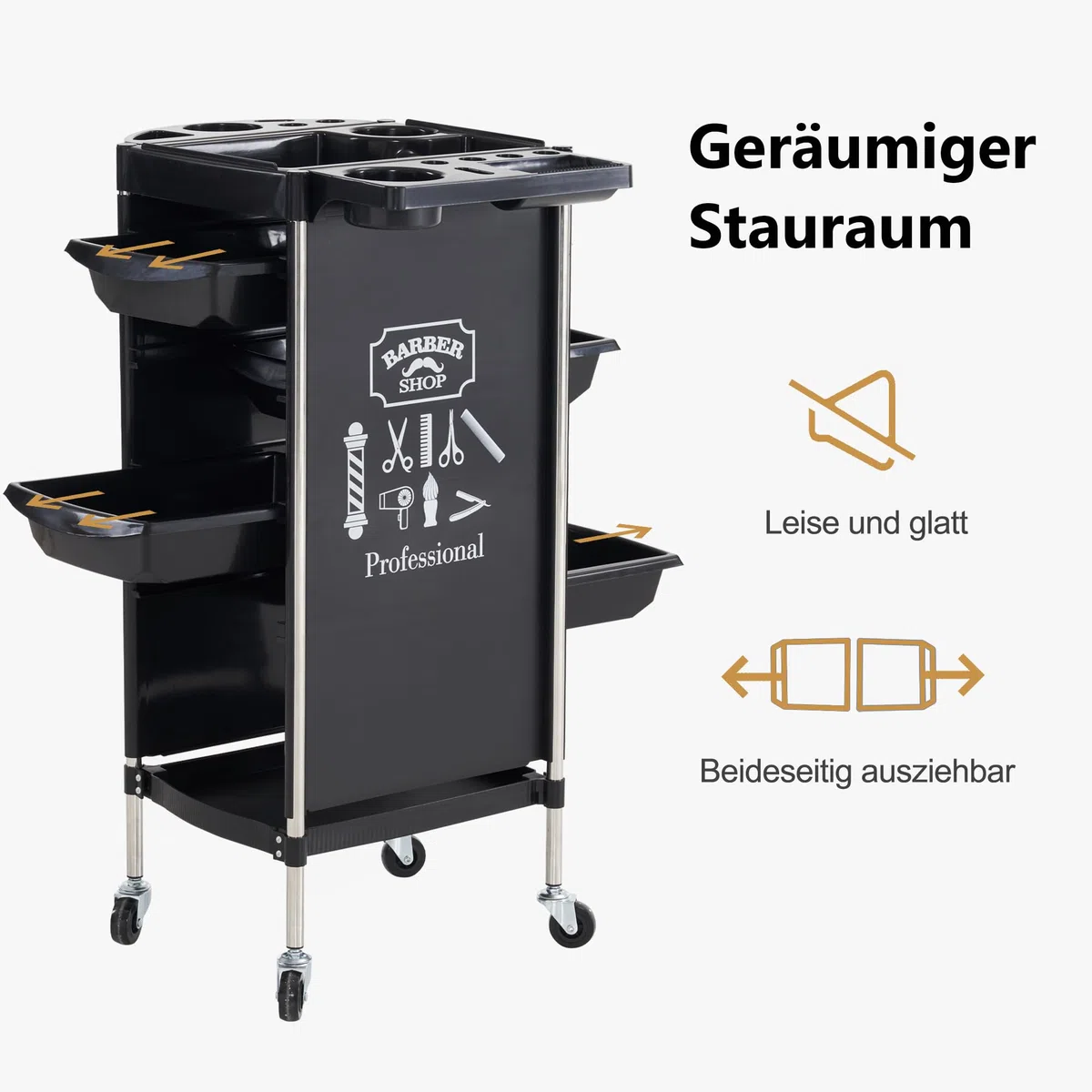 Barberpub Friseurwagen mit 4 Schubladen und Rollen, Drehbar, 36 x 52,5 x 84,5 cm, Schwarz