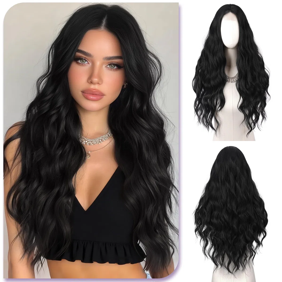 Sofeiyan Gewellte Wellig Perücke 70 cm Natürliches Schwarz Mittelscheitel Damen Hitzebeständige Synthetische Lockige Frauen Wigs