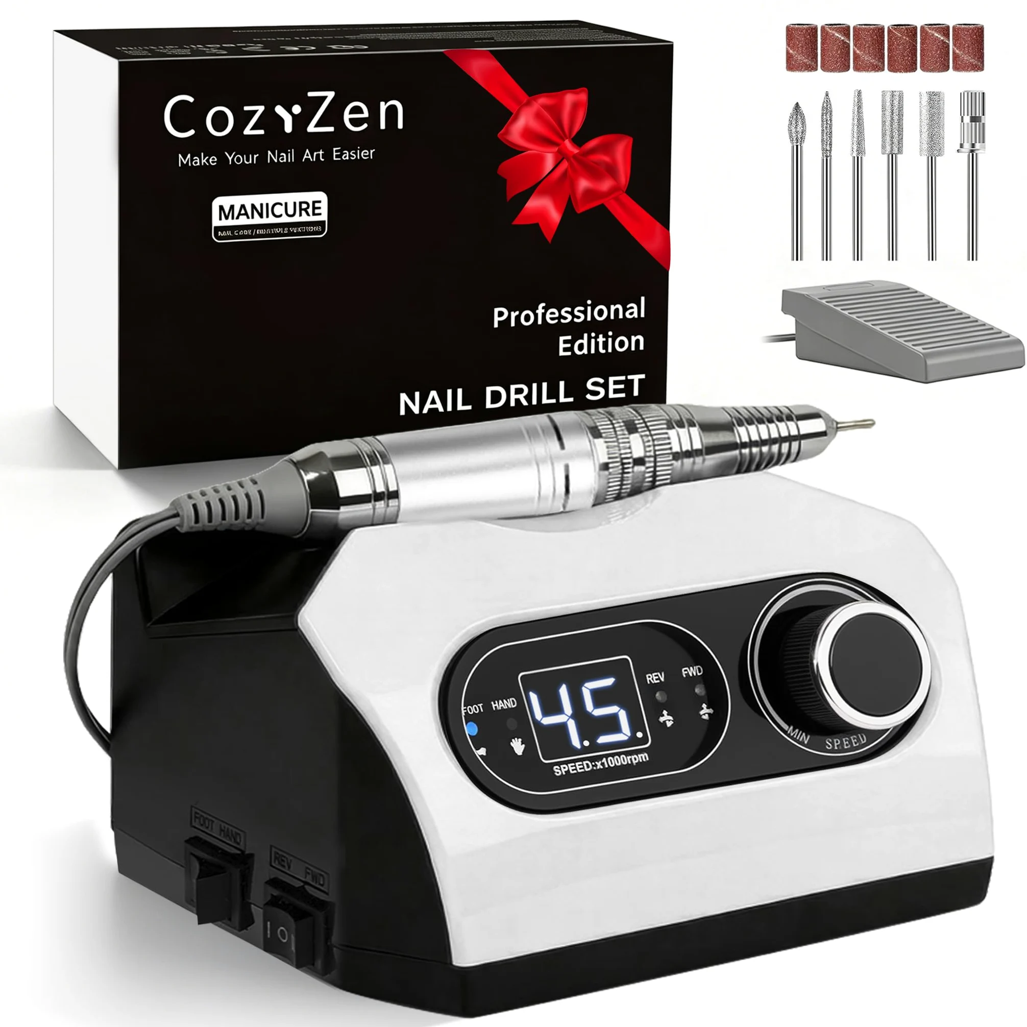CozyZen Elektrische Nagelfeile, Profi Nagelfräse 35.000 U/min mit LED | Mit Fußpedal, 6 Aufsätzen und stufenloser Drehzahlregelung – Für Acryl-, Gelnägel sowie Maniküre und Pediküre