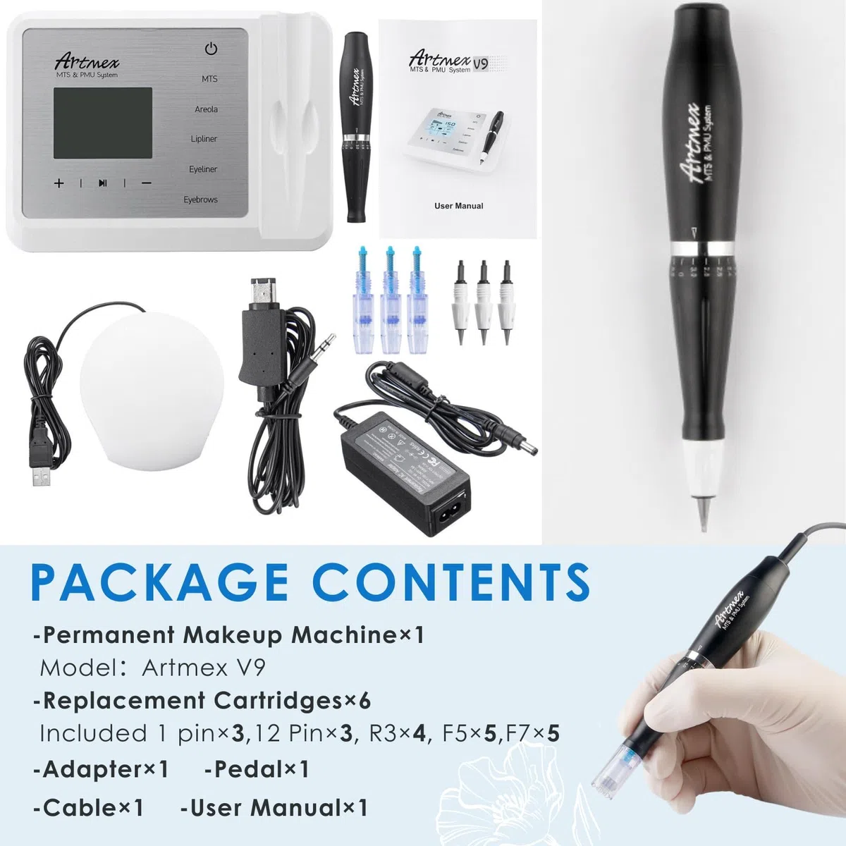 Artmex V9 Permanent Make-up Maschine Tatoo Machine Microblading-Stift-Set mit 20 Ersatz-Nadelkassetten