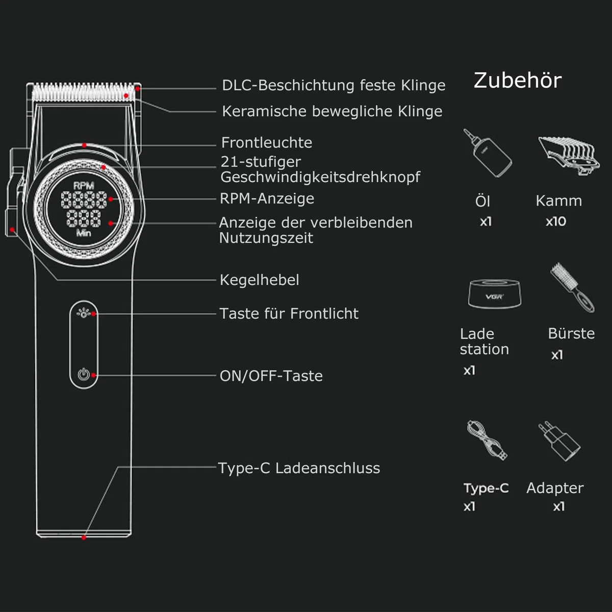 VGR 001 Professionelle Haarschneidemaschine für Männer, Schnurlose Friseurschermaschine zum Haarschneiden, Karbonstahlklinge Haarschneider für Barbiere, 9000 U/min, LED-Anzeige, Schwarz