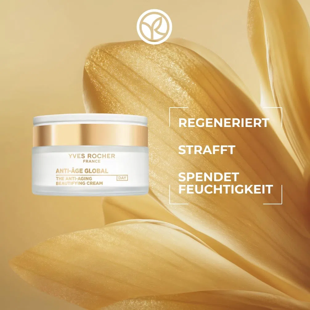 Yves Rocher ANTI-AGE GLOBAL Set für intensive Regeneration: Verschönernde Tagespflege (50 ml) & Komfort-Nachtpflege (50 ml) mit Gold-Achillea – Regeneriert, Strafft & Bekämpft Zeichen der Hautalterung