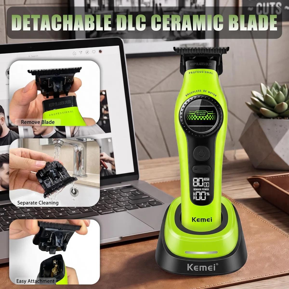 KEMEI 1595 Profi Haar-/Bartschneider Herren, Elektrischer Haartrimmer | Bürstenlosem Motor, 5 Verstellbare Geschwindigkeiten, LCD-Display & DLC-Klinge, Für Haar, Bart und Körper(Weiß, Gelb, Grün)