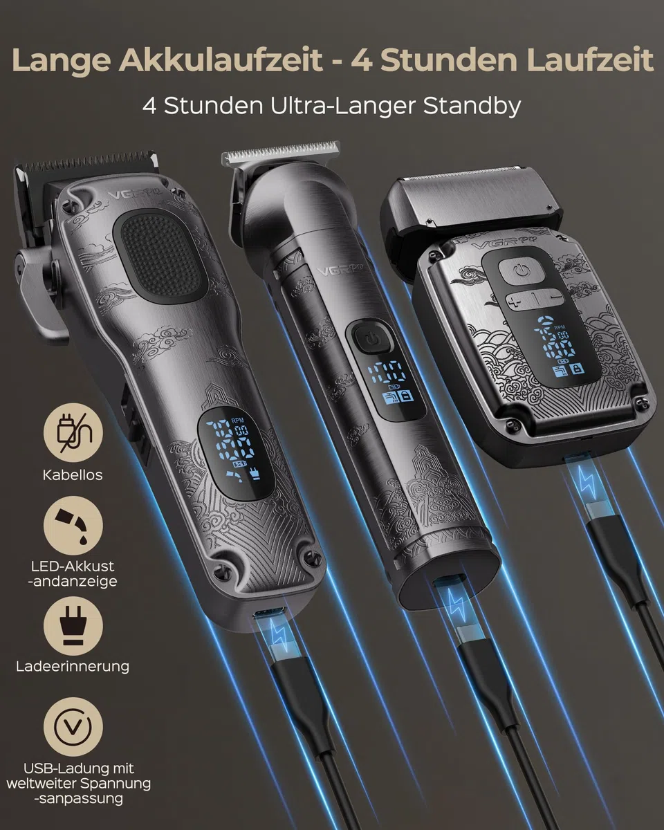 VGRPRO Haarschneidemaschine Profi Trimmer Set, Wasserdichtes Elektrorasierer Folienrasierer, Kabellos, 4-Gang-Einstellung, LED-Batterieanzeige