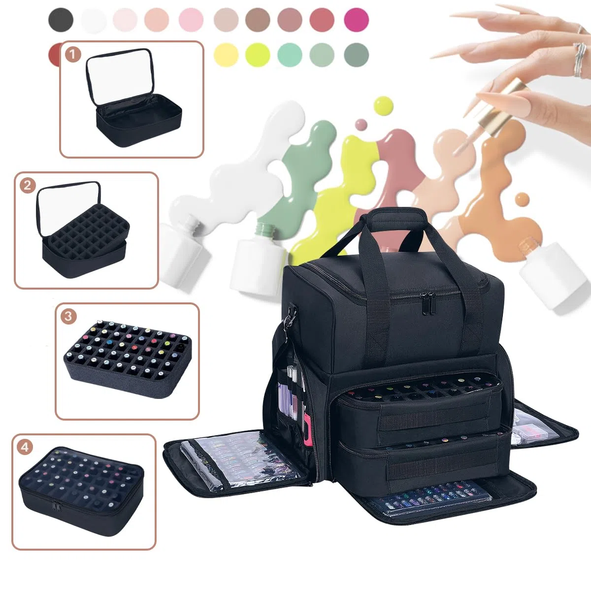 Nagellack Organizer Nagellack Aufbewahrung hält 80 Flaschen (15ml - 0,5 FL.oz) und eine Nagellampe, Nagellack Tasche mit 2 abnehmbaren Taschen und Werkzeugen Aufbewahrungsbereiche,Schwarz
