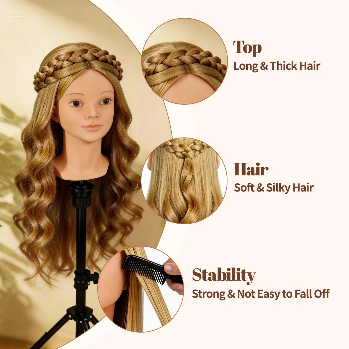 Yofuly 26Zoll/66cm Frisierkopf, 80% Echthaar Übungskopf, Make-up Frisieren Trainingsköpfe, Puppenkopf Friseur Mannequin Kopf mit Tischklemme + DIY-Zopfset (Hellbraun)