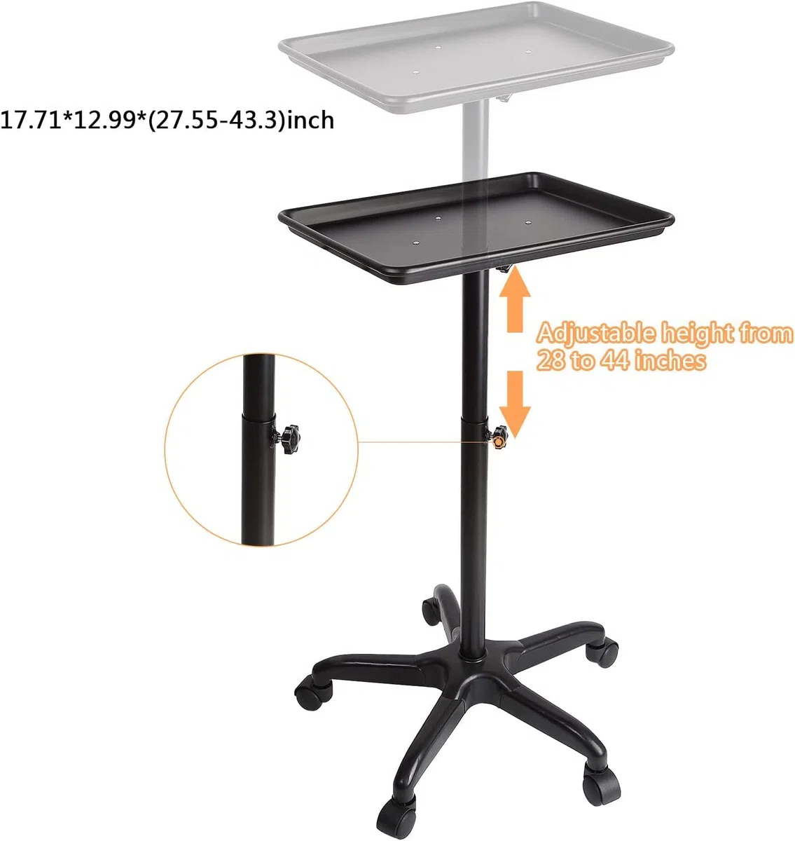 Salon Tablett mit Rädern Aluminiumwagen Beauty Trolley Einstellbare Höhe 360 Grad Schwenkräder für Dental Carts Friseur Cart Schwarz