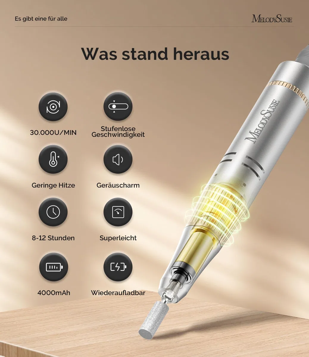 MelodySusie Tragbarer Nagelfräser 30000 RPM, SC320F Professionelle Kabellose Elektrische Nagelfeile für Acrylnägel Gel Polieren Entfernen, Efeile Nagelset für Maniküre Salon Zuhause (Weiß/Gold)