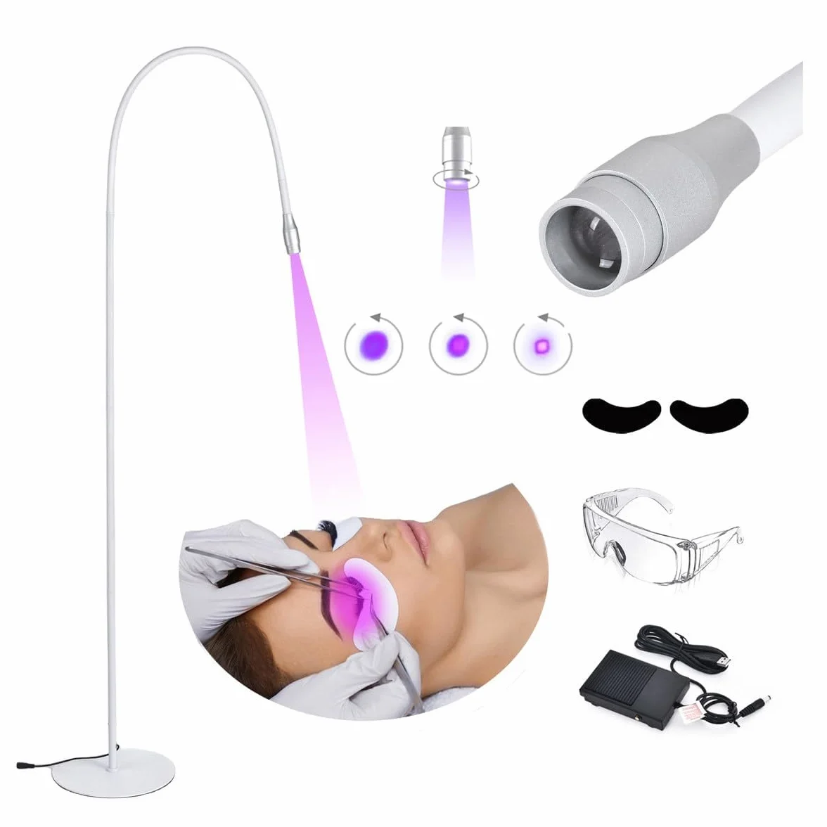 UV-Licht für lichthärtenden UV-Wimpernverlängerungskleber, UV-LED-Wimpernverlängerungslicht + Augenklappe + Schutzbrille + Fußschalter,Einstellbare Punktgröße,10 W flexibler Schwanenhals,White