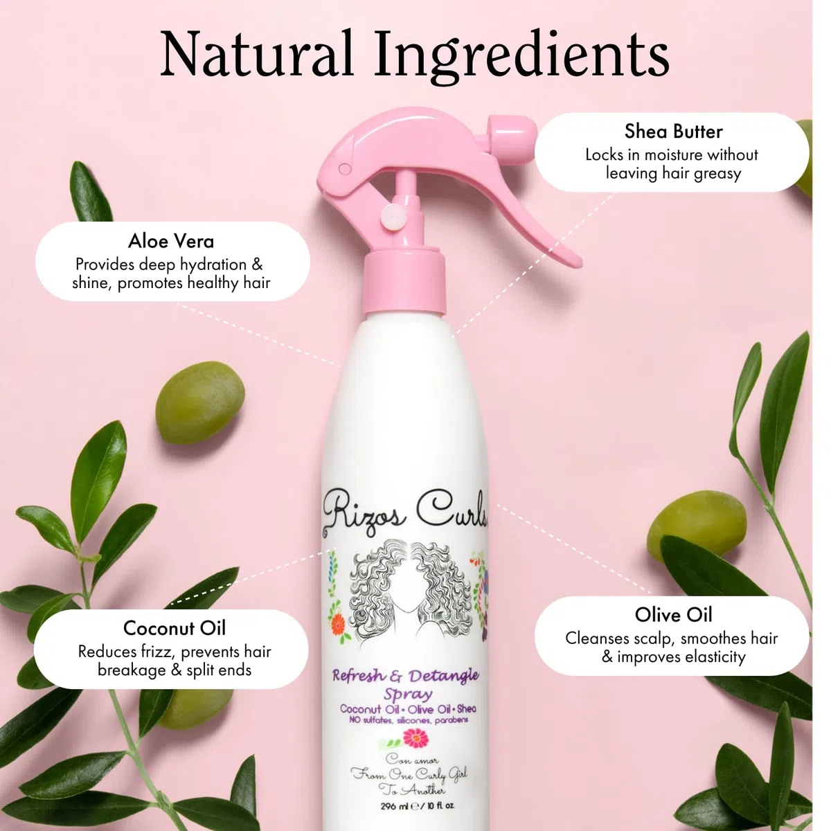 Rizos Curls Reise-Spray, feuchtigkeitsspendend ohne Ausspülen, reduziert Frizz, Glanz und Definition mit Kokosöl, Aloe Vera