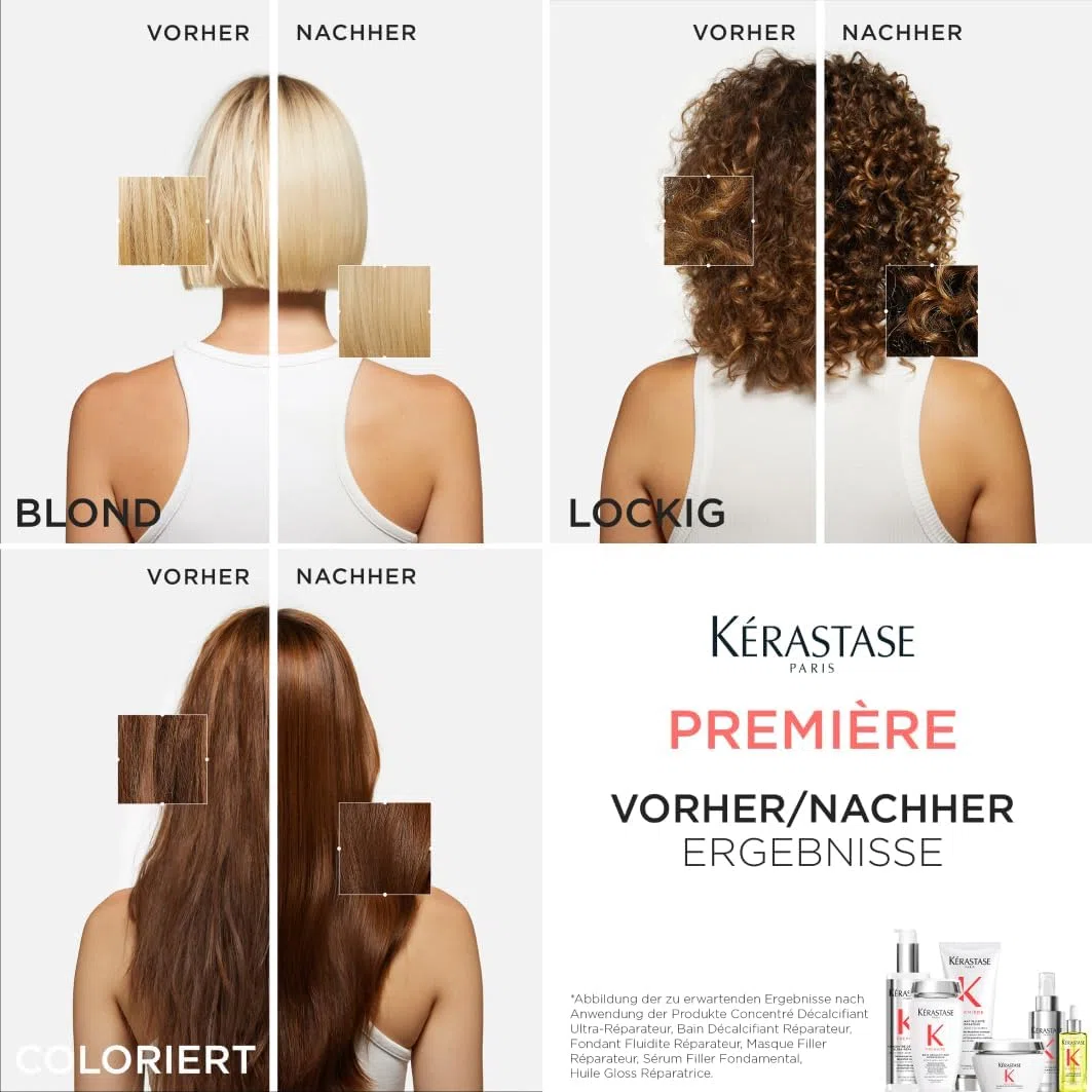 Kérastase, Première, Pflegeroutine mit Pre-Shampoo, Shampoo und Haarmaske für geschädigtes Haar, Concentré Décalcifiant Ultra-Réparateur, Bain Décalcifiant Rénovateur & Masque Filler Réparateur