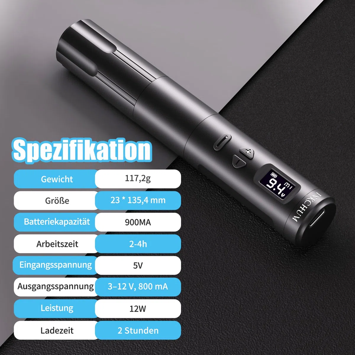 Permanent Makeup Maschine kabellose, 3mm Stroke Length Microblading Pen mit 2 Stück Batterien, 10 Stück Patronen Nadeln, 1000 mAh Akku Coreless Motor, Profis Rotary Tattoo Gun mit OLED Display,Schwarz