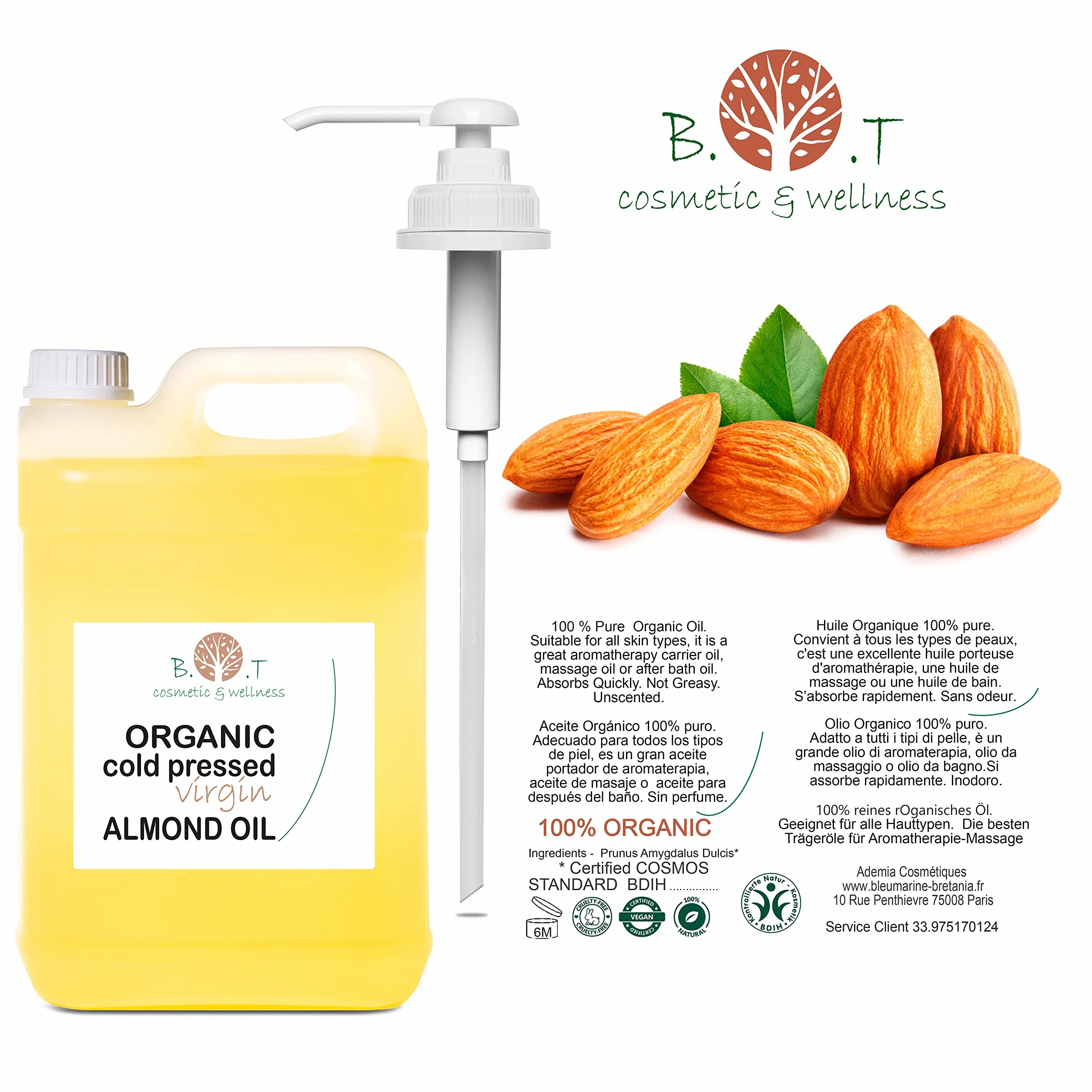 Mandelöl BIO Reines, Kaltgepresst, Natürlich. Kosmetik Massageöl, Haar- und Bartöl, Körperöl, Anti-Falten-Gesichtsöl, Schwangerschaftsstreifen, Nägel, Mandelöl Baby, Scalp Oil - 5000 ml