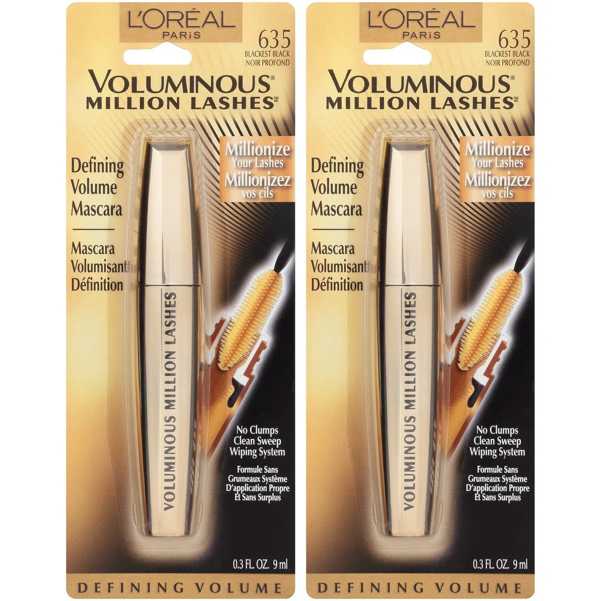 L’Oreal Paris Makeup Voluminous Million Lashes Mascara, Volumizing, Defining, Smudge-Proof, Clump-Free Lengthening, Collagen Infused Eye Makeup, Amplifying Mascara Brush, Blackest Black, 2 Count