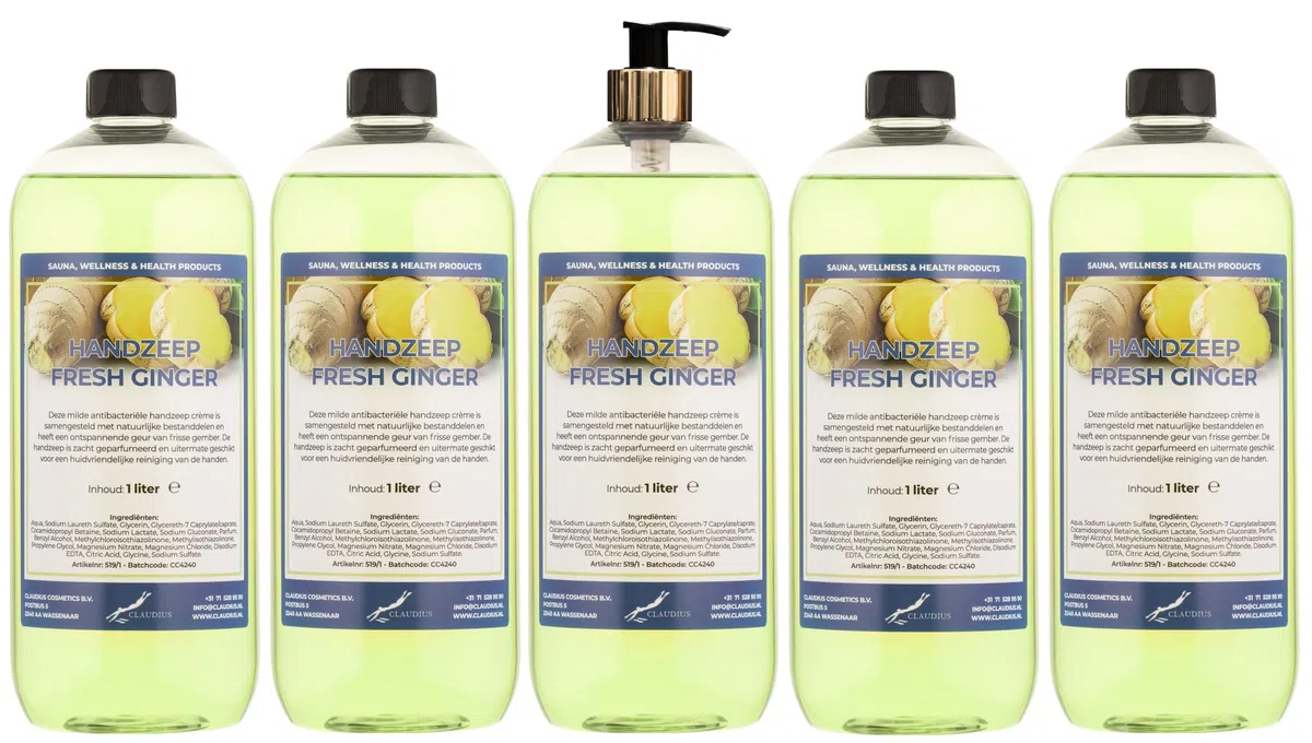 Handseife Fresh Ginger 5 x 1 Liter mit Goldpumpe (transparent)